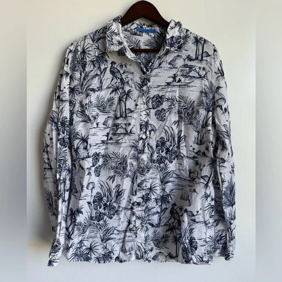 J. McLaughlin Lois Cotton Voile Toile Button Down Women XL Blue Island Preppy - Picture 2 of 10